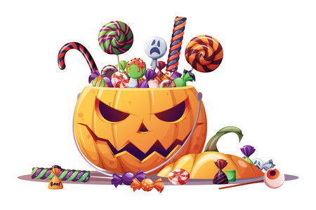 Halloween pumpkin with candies. Pumpkin trick or treat bag. Halloween pumpkin, lollipop and candy. Cartoon sweets pumpkin basket, lollipops, treats and candy cane vector illustrationのイラスト素材