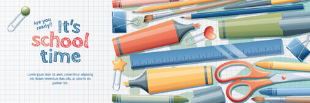 Back to school banner template. Background with stationery pencils, pen, brush, scissors, paper clips. School theme, knowledge day studyのイラスト素材