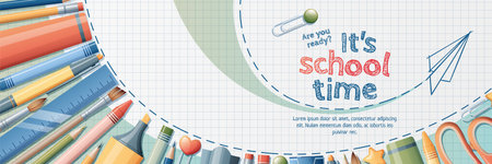 Back to school banner template. Background with stationery pencils, pen, brush, scissors, paper clips. School theme, knowledge day studyのイラスト素材
