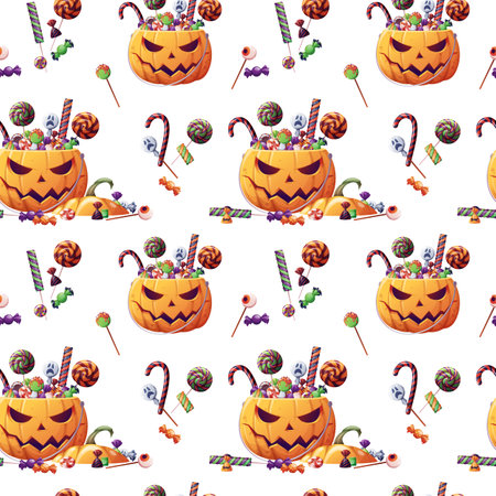 Seamless pattern with Halloween sweets and pumpkin on a white background. Trick or treat. Seamless texture for wrapping, textile, wallpaper, etcのイラスト素材
