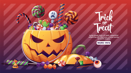 Halloween banner with orange pumpkin and sweets. Trick or treat. Web banner, poster, advertising, background, flyer, holiday card. cartoon vector illustration.のイラスト素材
