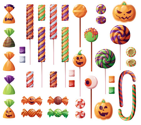A set of sweets for Halloween. Cookies in the form of a pumpkins. Sweet candies and lollipops with a spiral pattern in Halloween style.のイラスト素材