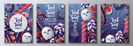 Vector set of Halloween party invitations or greeting cards with candies, lollipops.Ghost and Bat Cookies.のイラスト素材