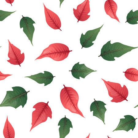 Seamless pattern with red poinsettia leaves on a white background. Suitable for wrapping paper, wallpapers, decor, Christmas decorations.のイラスト素材