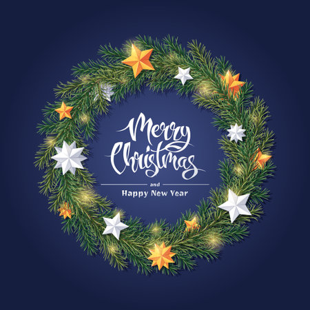 Christmas wreath of fir branches decorated with gold and silver stars. New Year vector illustration for cards banners, decor, designのイラスト素材