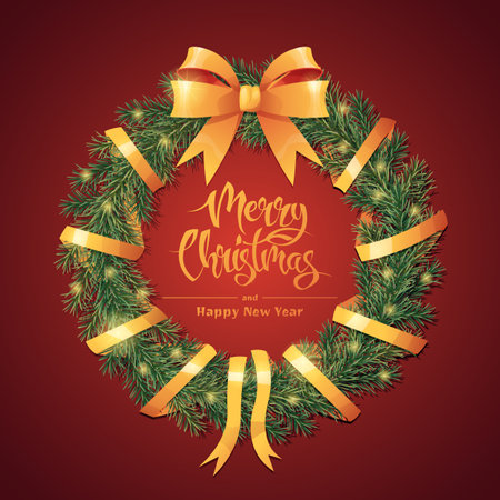 Christmas wreath of fir branches on a red background with a beautiful bow. New Years card, banner. Festive vector illustration.のイラスト素材