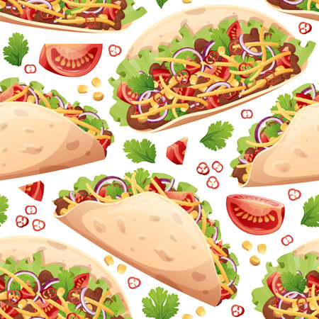 Seamless pattern with tacos. Texture with traditional mexican food. Great for wallpapers, menu decor, restaurants.のイラスト素材