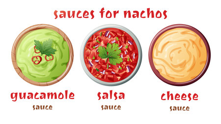 Set of sauces for nachos on an isolated background. Guacamole, salsa, cheese sauce. Traditional Mexican food. vector illustration.のイラスト素材