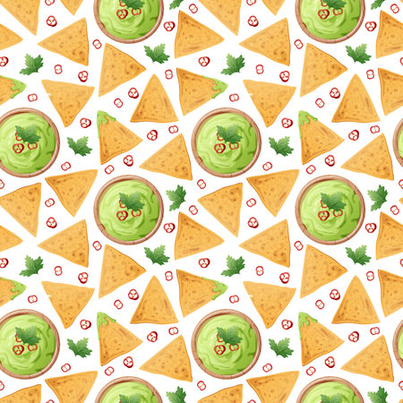 Seamless pattern with nachos on a white background. Traditional Mexican food. Corn chips with guacamole sauce. Vector background for wrapping paper, fabric, wallpaper. Latin American food.のイラスト素材