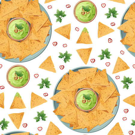 Seamless pattern with a plate of nachos and guacamole sauce on a white background. Traditional Mexican food. Corn chips. Vector background for wrapping paper, fabric, wallpaper. Latin American food.のイラスト素材