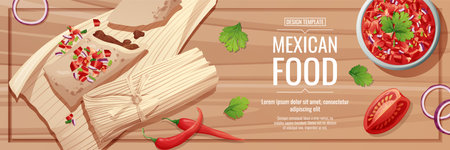 Horizontal banner with tamales and salsa sauce. traditional mexican foodのイラスト素材