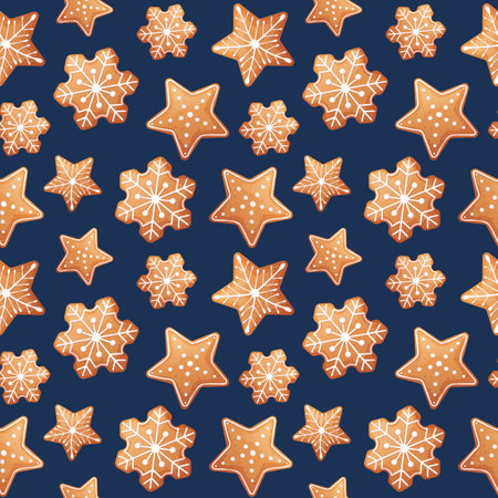 Seamless pattern with Christmas gingerbread. Texture with New Year cookies and white icing. Great for paper, textile, wallpaper.のイラスト素材