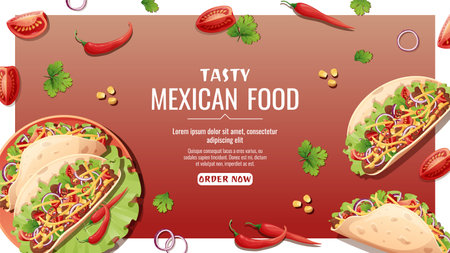 Banner with tacos with meat, tomatoes, cheese, chili peppers. National Mexican food. Tasty and healthy food, cooking, menu. Online food order.のイラスト素材