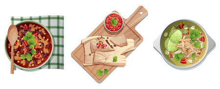 Traditional mexican food on isolated background. Tamales with salsa sauce, bean and lime soup. National cuisine. Fast food vector illustrationのイラスト素材