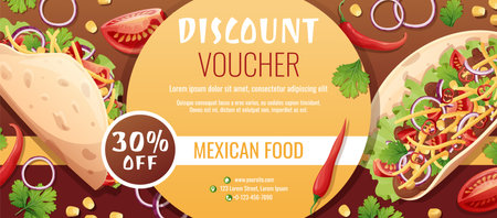 Discount voucher, mexican food template design. Coupon with tacos with pepper meat, cheese. Banner, poster, flyer, advertising for a restaurantのイラスト素材