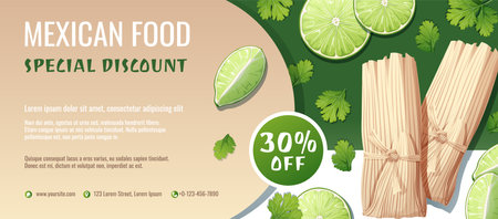 Discount voucher, mexican food template design. Coupon with tamales and lime and cilantro. Banner, poster, flyer, advertising for a restaurant.のイラスト素材