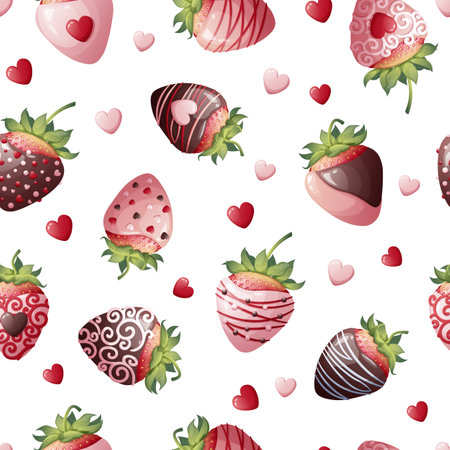 Seamless texture with chocolate covered strawberries on a white background. Romance, valentines day, sweet gift. Suitable for wrapping paper, textile, wallpaper.のイラスト素材
