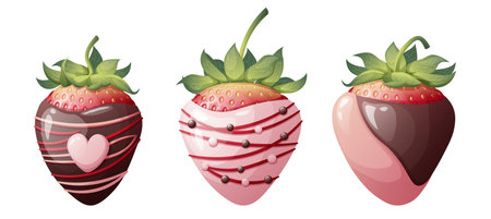 Set of strawberries in chocolate with decoration on an isolated background. Romance, valentine's day, sweet dessert. vector illustrationのイラスト素材