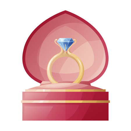 Wedding ring with a diamond in a box on a white background. An offer of marriage. Day of love. Icon, symbol, sign.のイラスト素材