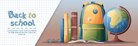 Horizontal banner back to school with school subjects and elements. Education, knowledge, learning. Background with stack of books and backpack, globeのイラスト素材