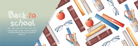 Horizontal banner back to school with school subjects and elements. Education, knowledge, learning. Background with stack of books and stationery,glassesのイラスト素材