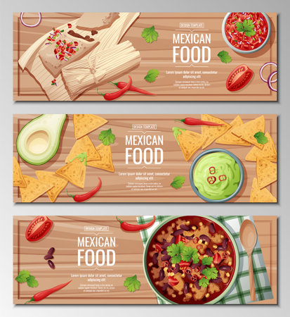 Set of horizontal banners with mexican food on a wooden background. Tamales, nachos, bean soup. Banner, flyer, poster, advertisement of traditional Mexican food.のイラスト素材