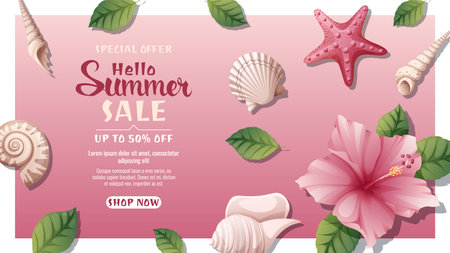 Summer background with hibiscus flower, seashells and starfish. Summer time, vacation. Summer sale template, discount bannerのイラスト素材