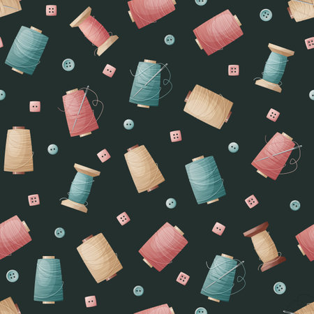 Seamless pattern with sewing threads and buttons on a blue background. Sewing atelier, needlework, hobby. Suitable for fabric, wallpaper, decor, clothes, wallpaperのイラスト素材