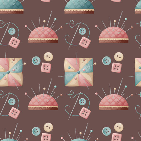 Seamless pattern with a pincushion and buttons. Sewing atelier, needlework, hobby. Suitable for...