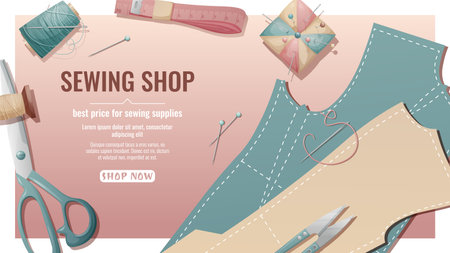 Sewing shop banner with seamstress working tools. Threads, scissors, fabric patterns located on the surface. Sewing accessories, handmade, hobbyのイラスト素材