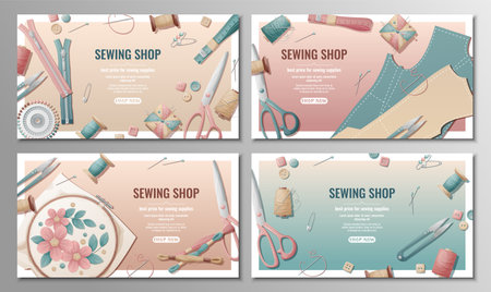 .Set of sewing shop banners with sewing supplies and tools. Template of discount banners for tailoring studio, workshop. Compositions of pins, threads, needles, scissors, fabric scattered on the surfac.のイラスト素材