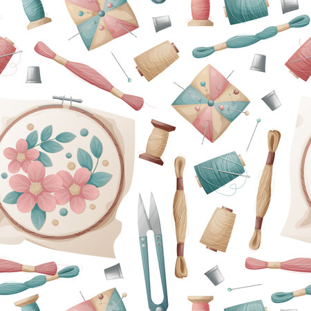 Seamless pattern with hoop, needle bed, floss threads. Embroidery, hobby, handmade. Great for fabric wallpaper paperのイラスト素材