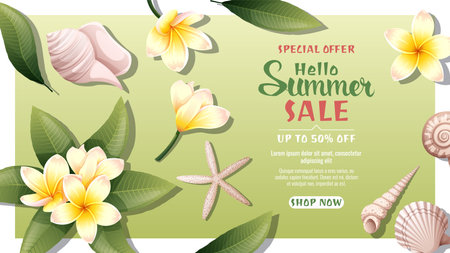 Vector background with yellow plumeria flowers and seashells. Tropical vibe, summer time, holidays. Summer sale template, discount banner.のイラスト素材
