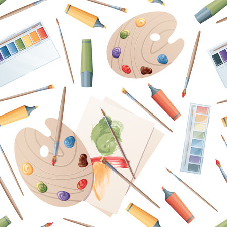 Seamless background with artist's tools. Texture with palette, paints, brushes. back to school. Great for textiles, wallpapers, paper, prints.のイラスト素材