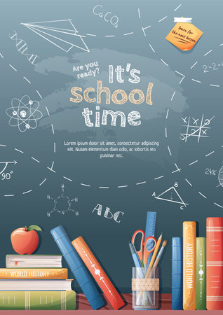 Background with drawings drawn in chalk on a school blackboard. Back to school poster with school items and elementsのイラスト素材