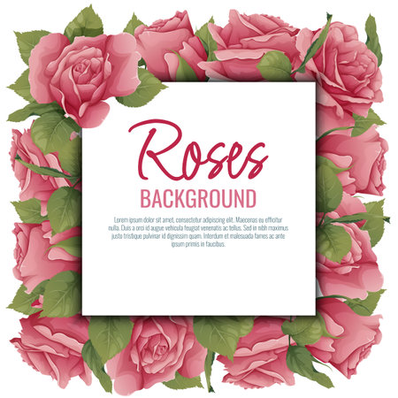 Frame with roses. Border with pink flowers and green leaves. Background, postcard with botanical elements. vector illustrationのイラスト素材