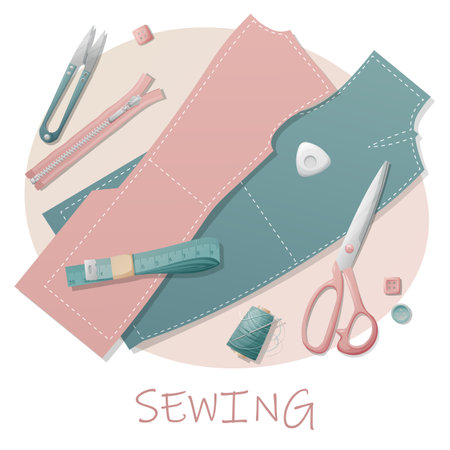 Postcard with sewing tools. Sewing, hobby, needlework. Illustration with a pattern, pattern and scissors. Background, banner flyer for a sewing workshopのイラスト素材