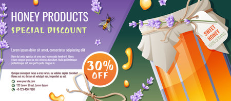 Sale banner with honey products. Discount voucher for honey shop. Jar of honey, with lavender flowers. Healthy organic food. Vector background.のイラスト素材