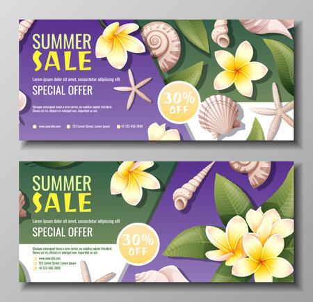 Set of summer banners with plumeria and seashells. Discount coupon, special summer offer. Background, banner with seashells and frangipani flowersのイラスト素材