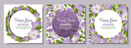 Set of postcards with freesia flowers. Beautiful frame with purple flowers and buds. Spring card, banner, wedding invitationのイラスト素材