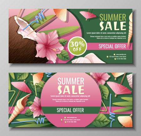 Set of discount flyer templates with coconut cocktail, umbrellas and hibiscus flowers. Coupons for summer sales.のイラスト素材
