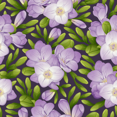 Seamless pattern with freesia flowers. Texture with purple flowers and green buds. Floral print for fabric, textile, paper, wallpaper, etcのイラスト素材