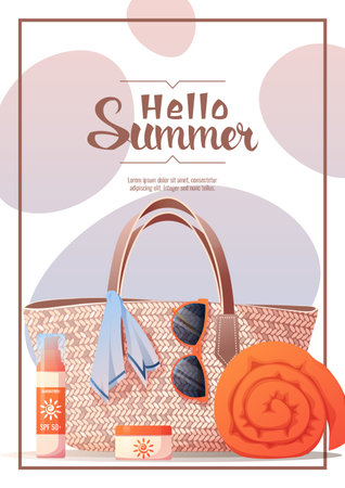 Flyer design with summer accessories. Wicker bag, towel, sunscreen. Beach vibe, summer time. Banner poster, background for summer party, advertising promotion, invitationのイラスト素材
