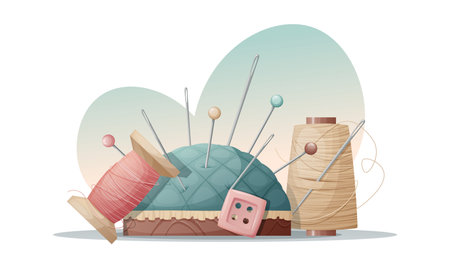 Illustration of a needle bed with pins, threads and a button on a white background. Sewing tools, needlework, hobby, craft, workplaceのイラスト素材