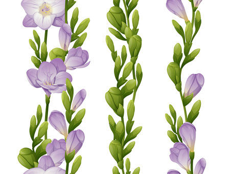 Set of vertical seamless border with purple freesia flowers and green buds. Floral ornament with purple flowers. Botanical flower illustration for wedding design, wallpaper, advertising.のイラスト素材
