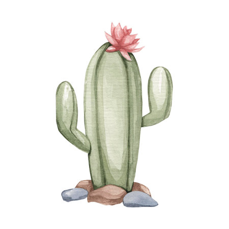 Watercolor cute cactus isolated on white background. Botanical illustration of a desert plantの写真素材
