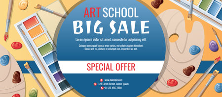 Banner design template for art school, studio, course, class, education. Back to school sale vector background with art paints, brushes and palette. Creativity, hobby.のイラスト素材