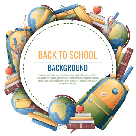 Back to school frame design. Poster, postcard with backpack, books, globe. School, Knowledge education Background with schoolのイラスト素材