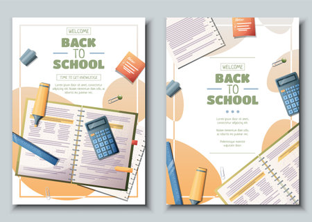 Set of flyer template with notebook with calculator and pencil. School time, back to school, education. Flyer, poster, banner size a 4.のイラスト素材