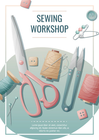 Flyer template for sewing atelier, workshop. Poster with threads, scissors, sewing tools. Hobby, needlework, light industry. A4 banners for advertising.のイラスト素材